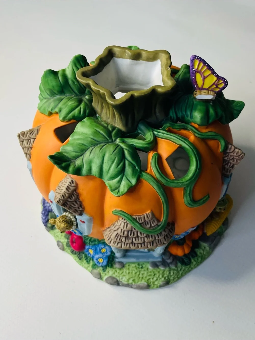 Ceramic Party Lite Orange Pumpkin Fairy House For Tea Lights - Decorative